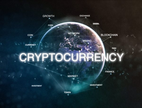 Technology earth from space word set with cryptocurrency in focus. Futuristic bitcoin crypto currency oriented words cloud 3D illustration. Crypto e-business keywords concept.